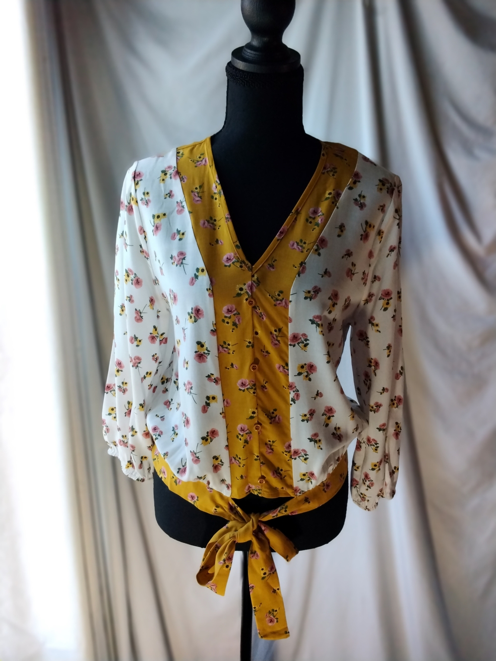 Floral Tie-Front V-Neck Blouse - Mustard & White